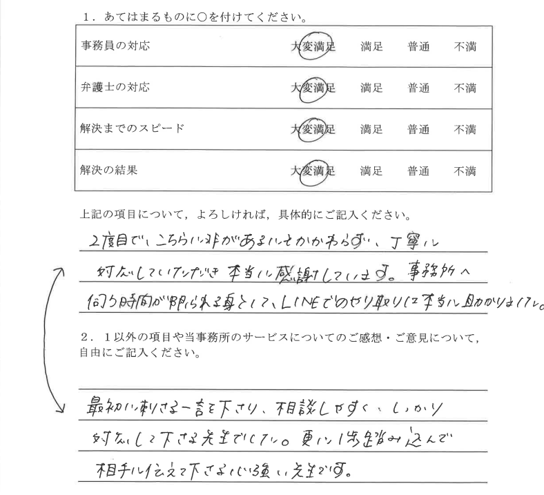 犬山市20代女性（慰謝料被請求）の依頼者様の声 : 2度目で、こちらに非があるにもかかわらず、丁寧に対応していただき本当に感謝しています。事務所へ伺う時間が限られる身として、LINEでのやり取りに本当助かりました。
最初に刺さる一言を下さり、相談しやすく、