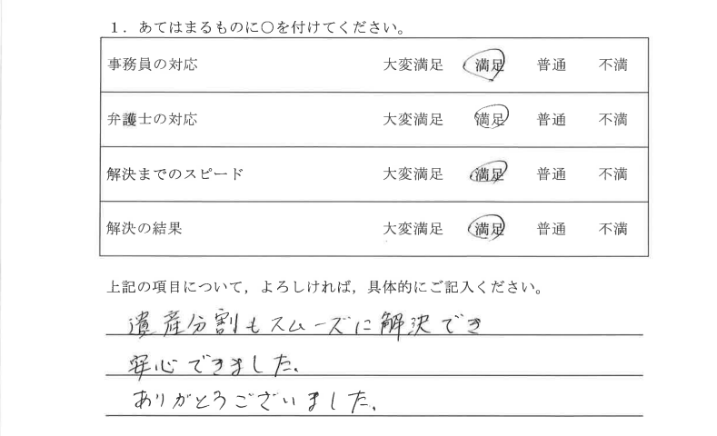 春日井市60代女性（相続）の依頼者様の声 : 遺産分割もスムーズに解決でき安心できました。ありがとうございました。