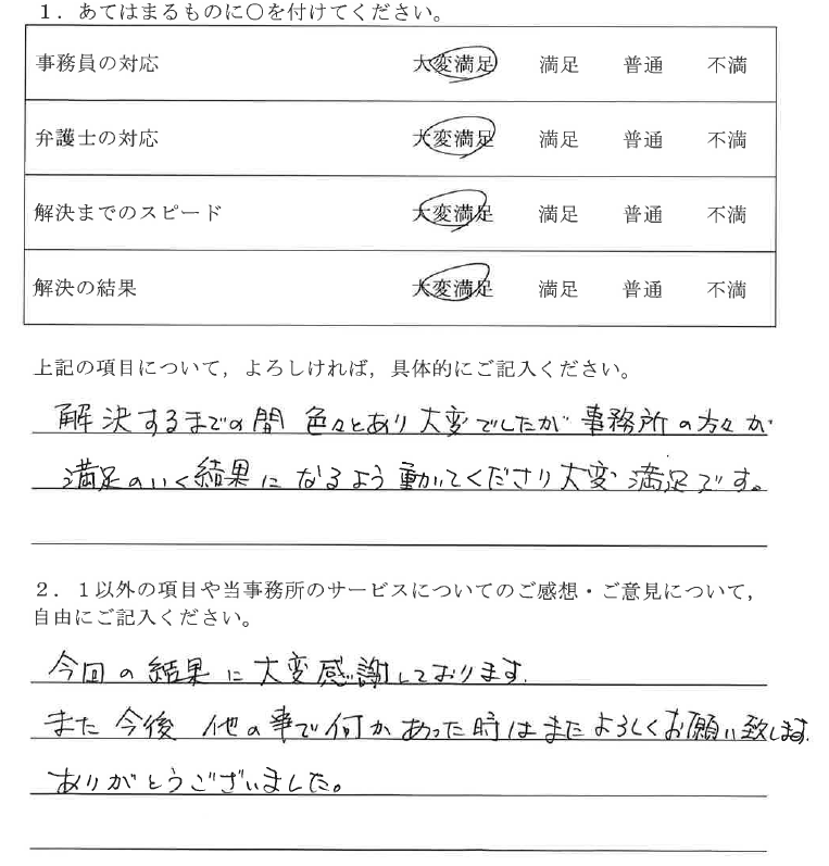 春日井市40代男性（債務整理）の依頼者様の声 : 解決するまでの間色々とあり大変でしたが事務所の方々が 満足のいく結果になるよう動いてくださり大変満足です。
今回の結果に大変感謝しております。また今後他の事で何かあった時はまたよろしくお願い致します。