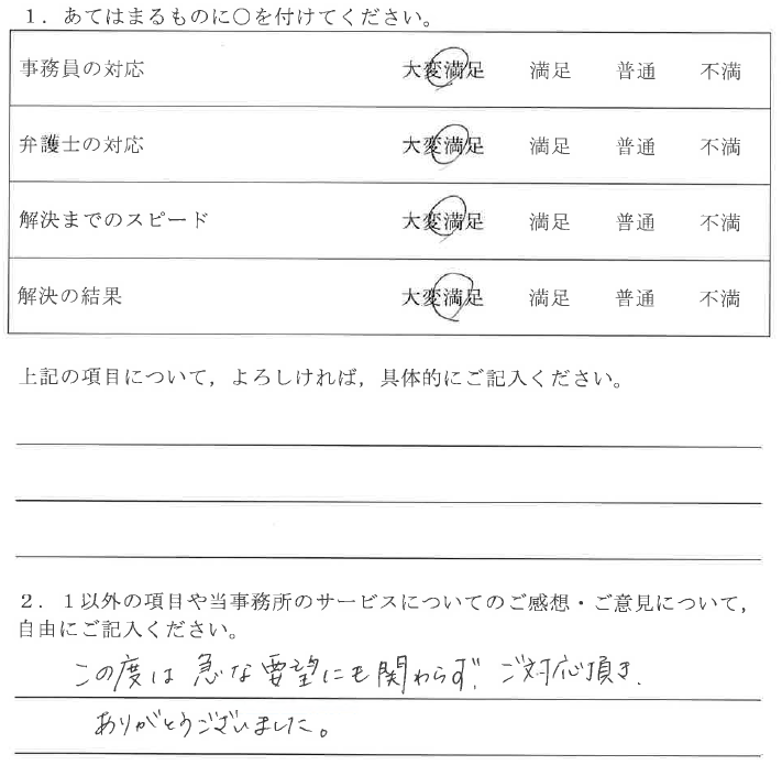 春日井市40代女性（相続放棄）の依頼者様の声 : この度は急な要望にも関わらず、ご対応頂き、ありがとうございました。