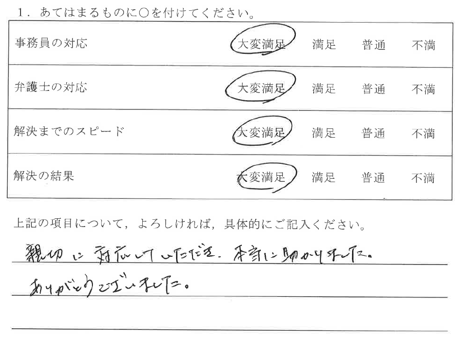 春日井市30代男性（交通事故）の依頼者様の声 : 親切に対応していただき、本当に助かりました。ありがとうございました。