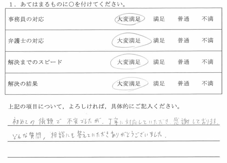 春日井市40代男性（慰謝料被請求）の依頼者様の声 : 初めての依頼で不安でしたが、丁寧に対応していただき、感謝しております。どんな質問、相談にも答えていただきありがとうございました。
