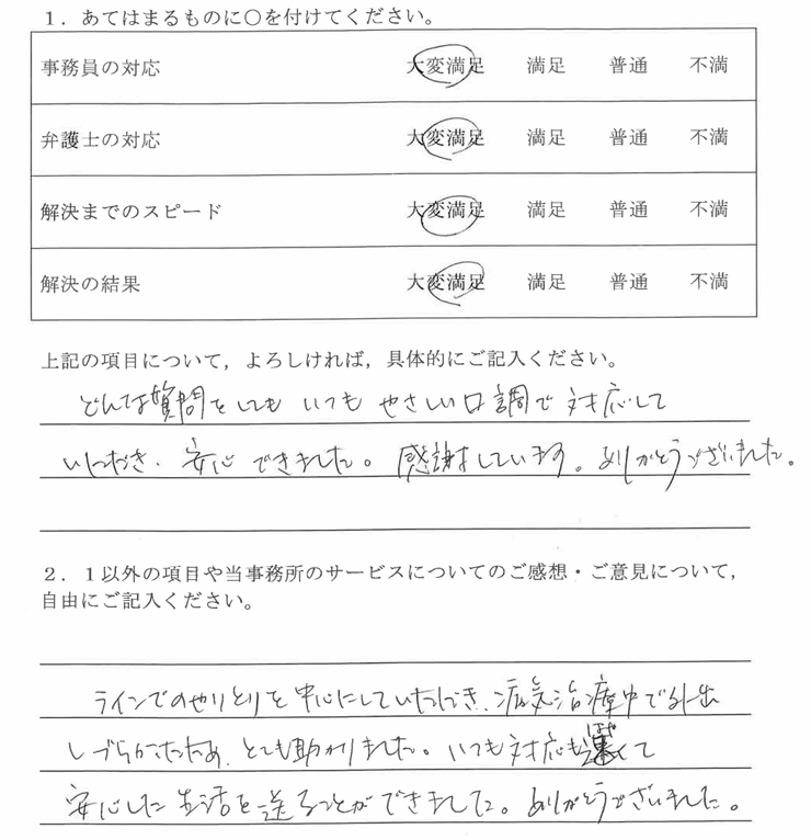 春日井市60代女性（債務整理）の依頼者様の声 : どんな質問をしてもいつもやさしい口調で対応していただき、安心できました。感謝しています。ありがとうございました。
ラインでのやりとりを中心にしていただき、病気治療中で外出しづらかったため、とても助かり